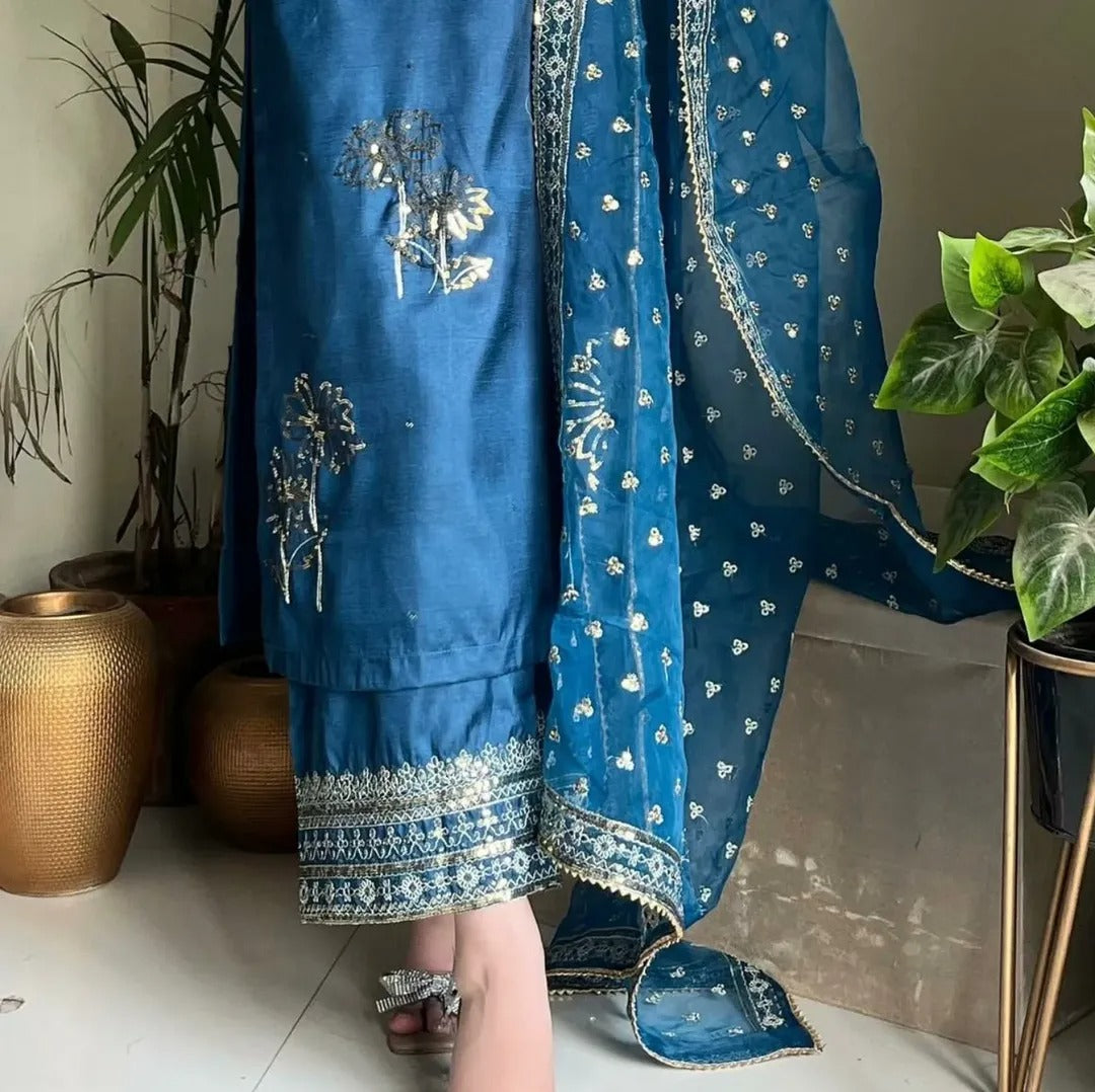 Midnight BLUE  Embroidered  3PC Suit -