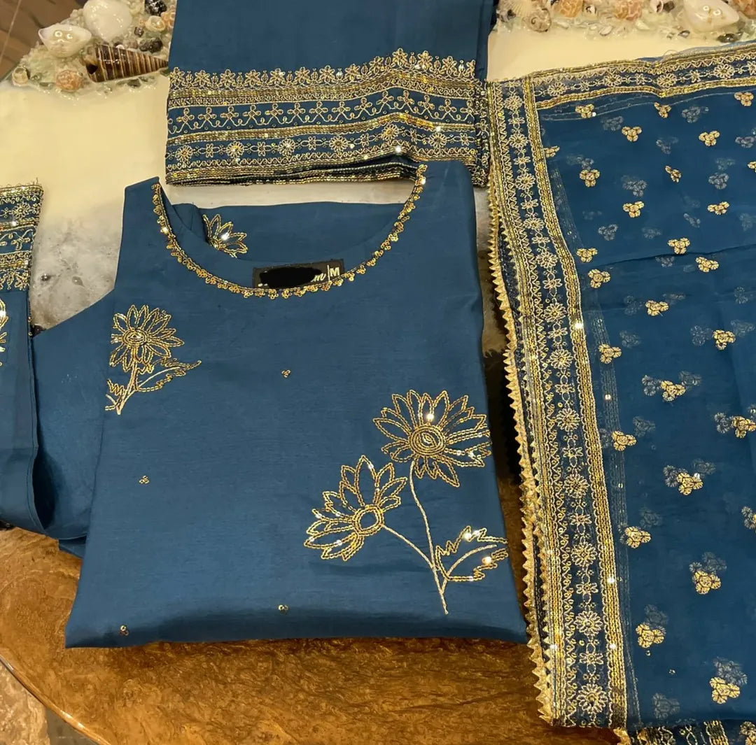 Midnight BLUE  Embroidered  3PC Suit -
