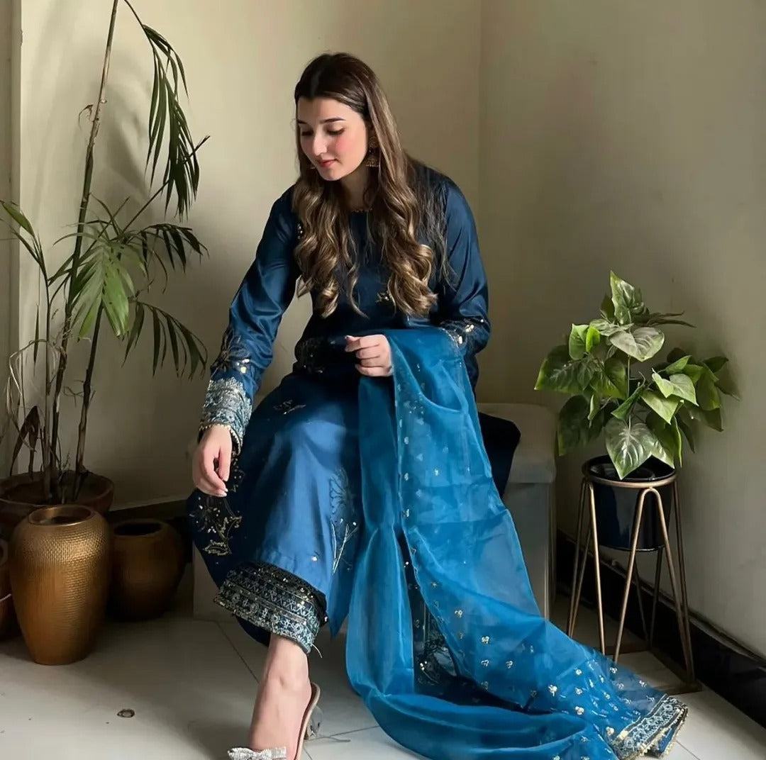 Midnight BLUE  Embroidered  3PC Suit -