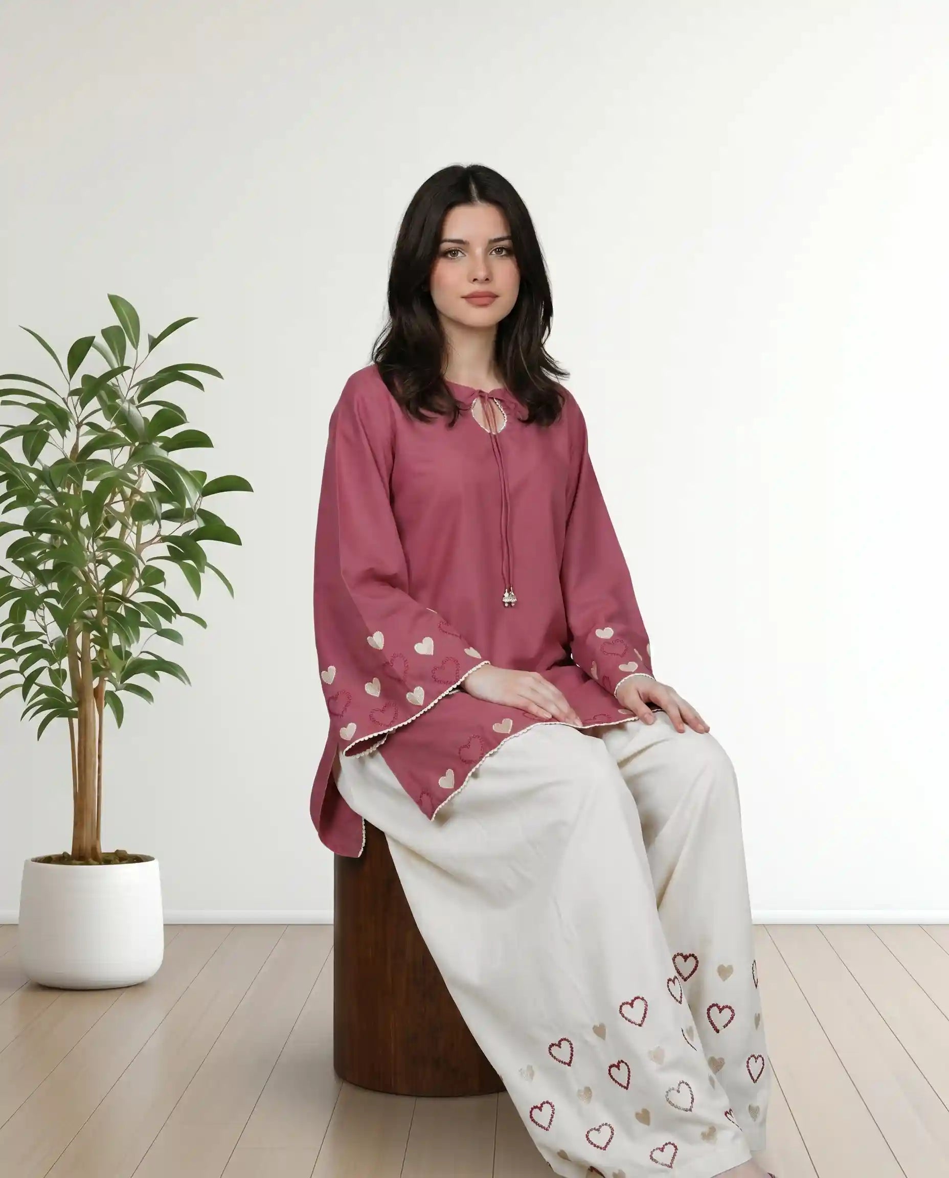 3Pc Crimson Embroidered